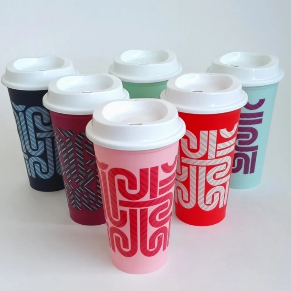 Starbucks Set of 6 Color Changing Reusable 16oz Hot Travel Cups With 6 Lids